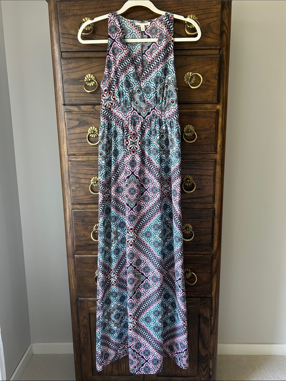 Freeway Pink & Teal Geometric Print Maxi Dress, Size S